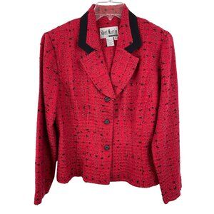Sheri Martin Womens Size 12P Red Textured Blazer Black Collar & Button Front